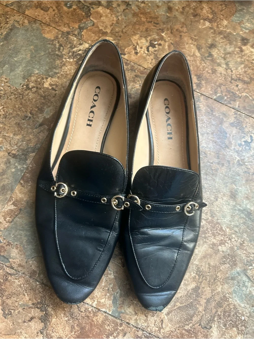 COACH Black Leather Loafers with Gold-Tone Horsebit